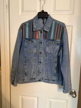 Crazy Train Light Blue Denim Jacket with Teal, Rust & Black Stripes